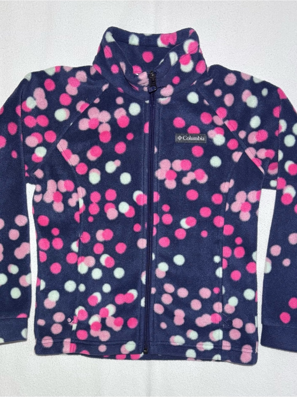 Columbia Girls Fleece Full Zip Jacket Navy Pink Polka Dot Size S 7/8
